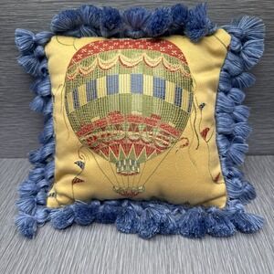 Embroidered Decorative Throw Pillow Whimsical Hot Air Balloon Tassel Fringe